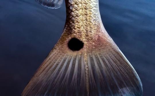 a golden brown fish tail with a black dot on the dorsal side is held over dark blue water